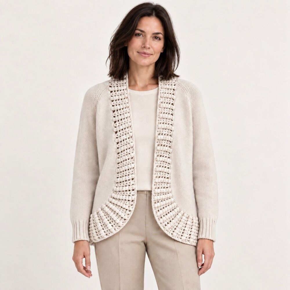 Lafayette 148 Wool Cashmere Cardigan Sweater M Ivory Cream Textured Hem Luxury